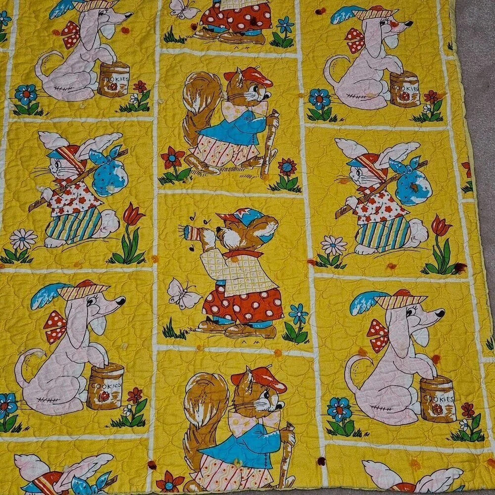 VTG Handmade Yellow Blanket Anthropomorphic Animal Dog Bunny Squirrel 40x48 READ